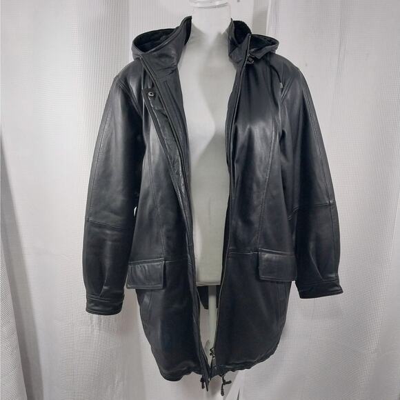 CHARLES KLEIN! CLASSIC BLACK GENUINE LEATHER PARKA STYLE ZIP OFF HOOD COAT! SZ L - Picture 4 of 13
